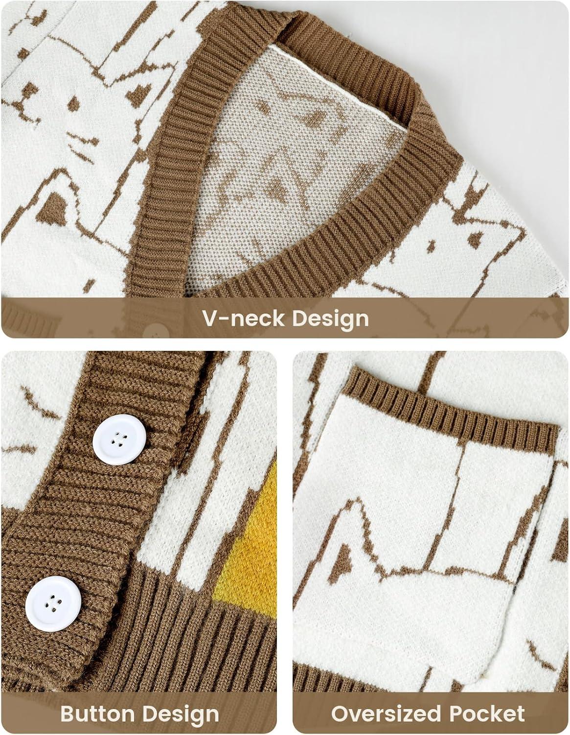 Arssm Cat Sweater for Women Oversized Button Down V Neck Knit Cardigan Cute Kawaii Cartoon Print Sweater Fall Clothes(Coffee)
