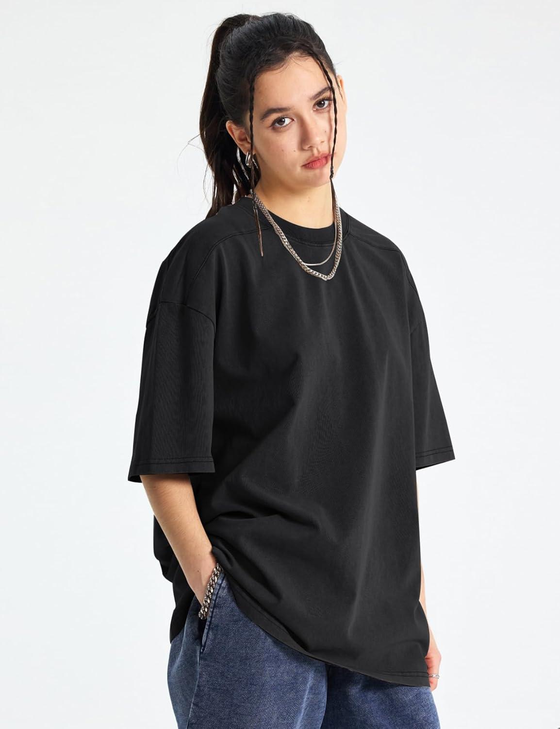 Arssm Women Oversized T Shirts Acid Washed Cotton Tees Vintage Baggy Loose Fit Streetwear Workout Tops(Black+khaki+beige)