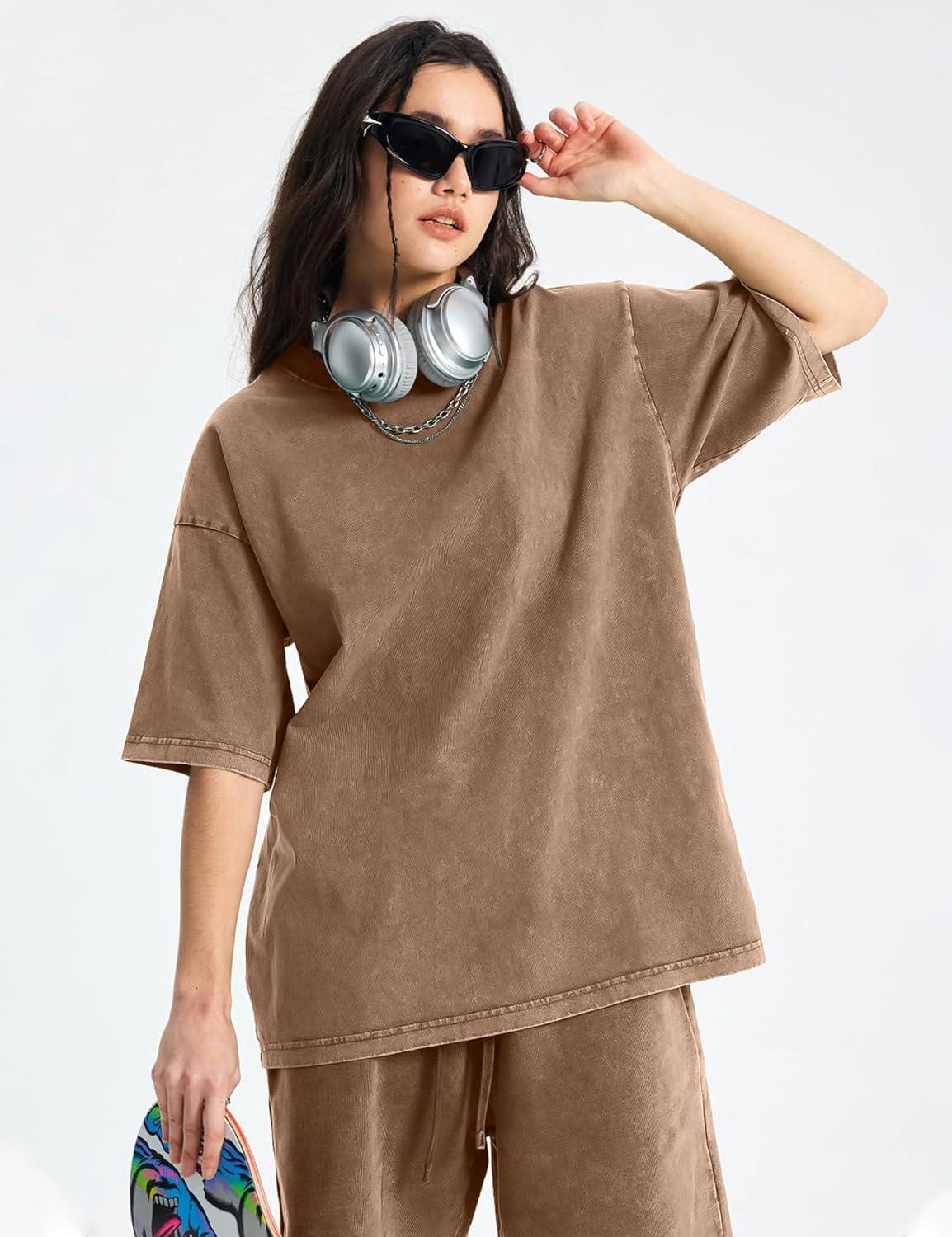 Arssm Women Oversized T Shirts Acid Washed Cotton Tees Vintage Baggy Loose Fit Streetwear Workout Tops(Black+khaki+beige)