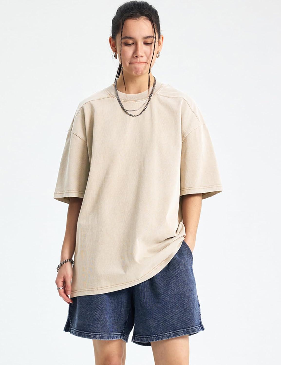 Arssm Women Oversized T Shirts Acid Washed Cotton Tees Vintage Baggy Loose Fit Streetwear Workout Tops(Black+khaki+beige)