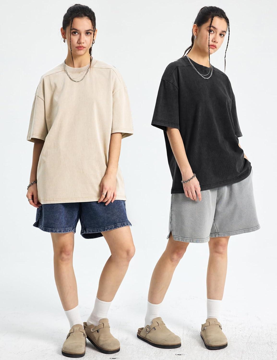 Arssm Women Oversized T Shirts Acid Washed Cotton Tees Vintage Baggy Loose Fit Streetwear Workout Tops(Black+khaki+beige)