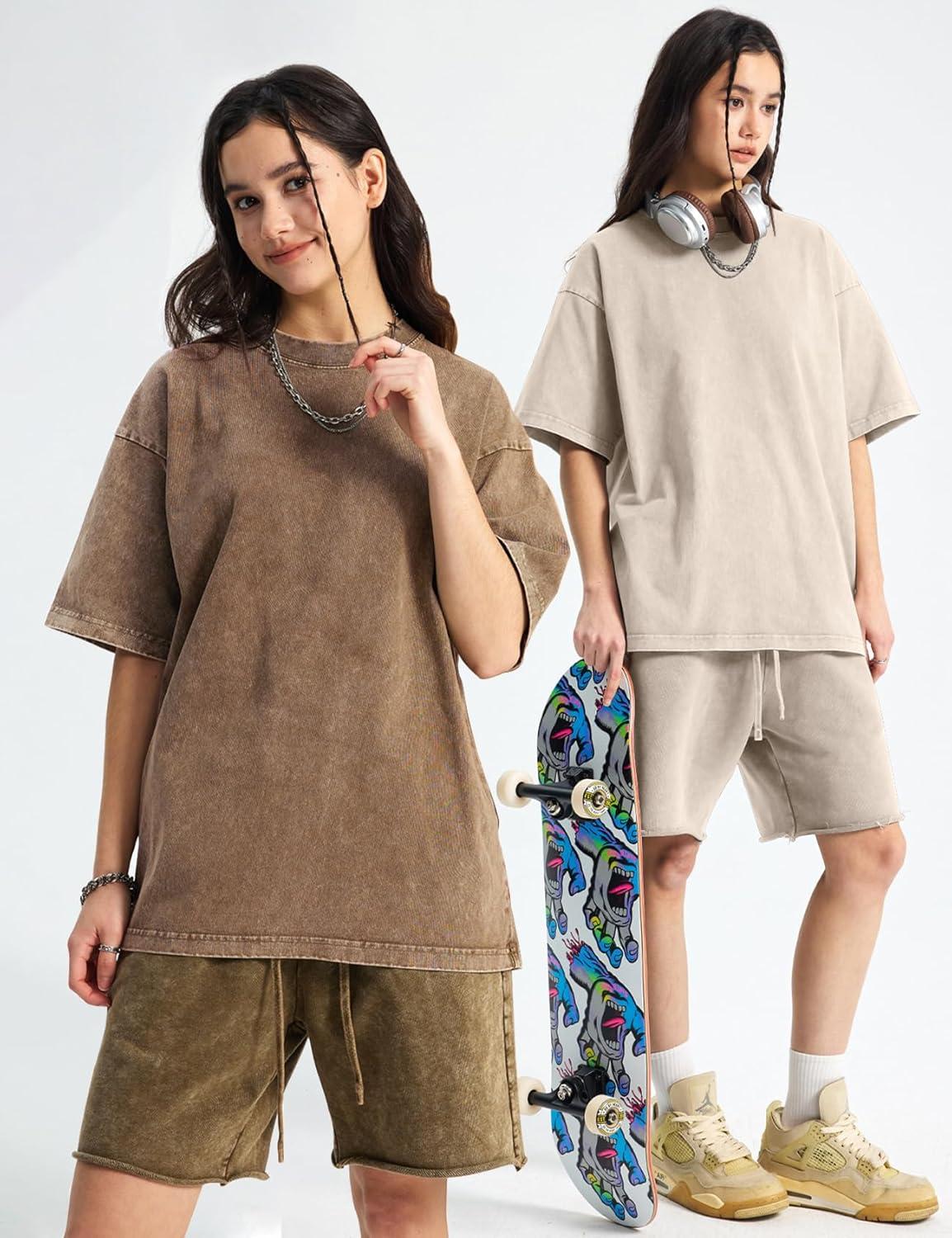 Arssm Women Oversized T Shirts Acid Washed Cotton Tees Vintage Baggy Loose Fit Streetwear Workout Tops(Black+khaki+beige)