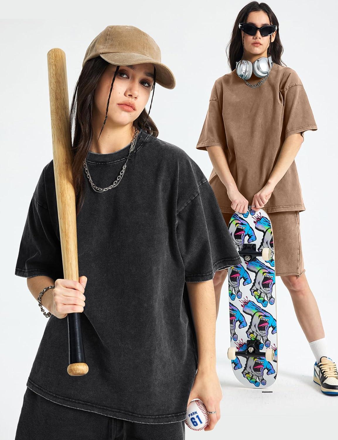 Arssm Women Oversized T Shirts Acid Washed Cotton Tees Vintage Baggy Loose Fit Streetwear Workout Tops(Black+khaki+beige)