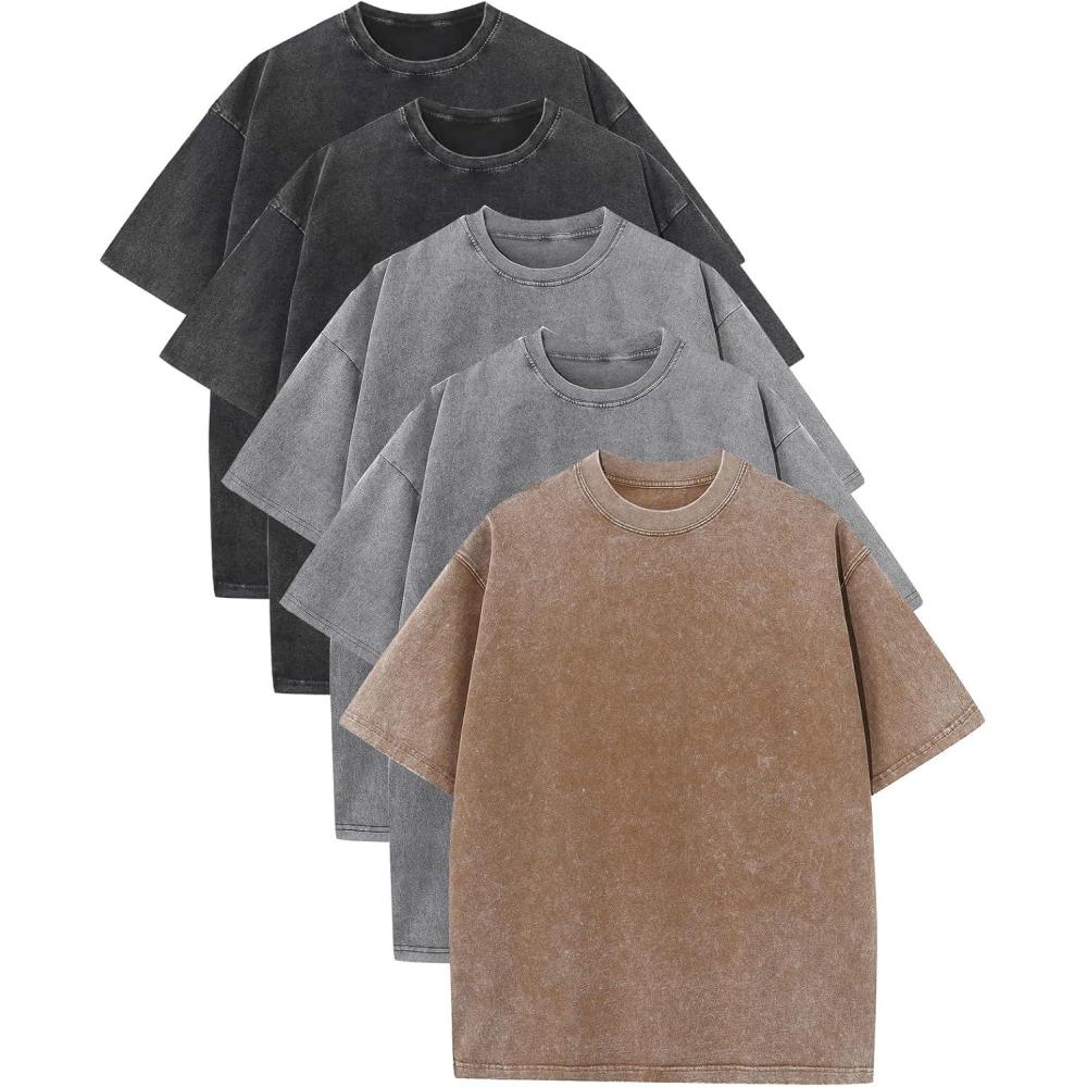 Arssm Mens Oversized T Shirts Cotton Acid Wash Baggy Tees Loose Fit Vintage Heavyweight T-Shirts(Black+black+grey+grey+khaki)