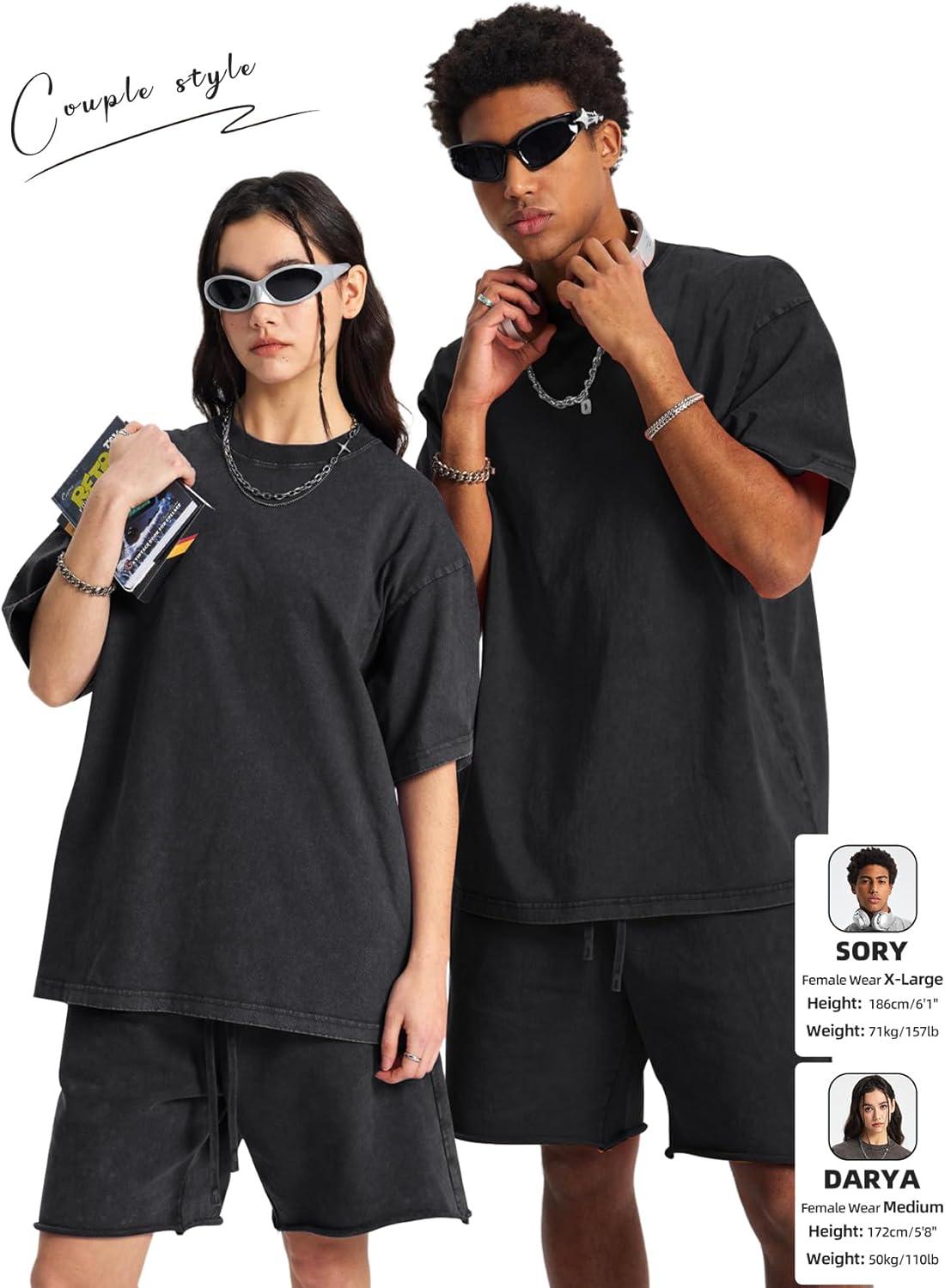 Arssm Mens Oversized T Shirts Cotton Acid Wash Baggy Tees Loose Fit Vintage Heavyweight T-Shirts(Black+black+grey+grey+khaki)