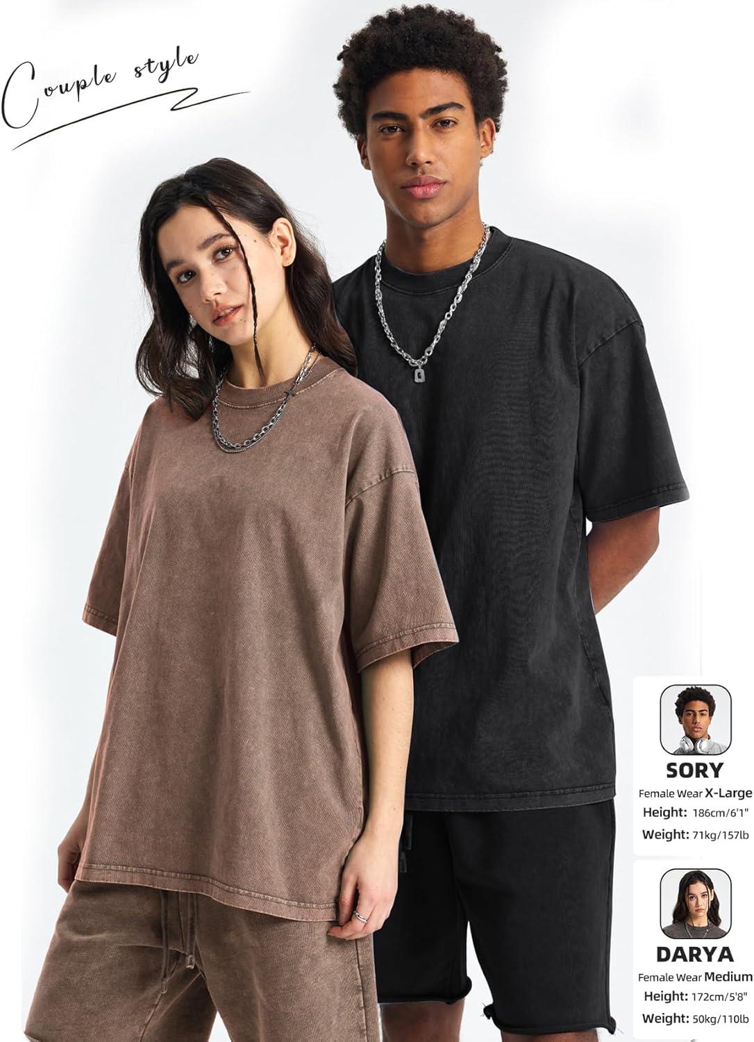 Arssm Mens Oversized T Shirts Cotton Acid Wash Baggy Tees Loose Fit Vintage Heavyweight T-Shirts(Black+black+grey+grey+khaki)