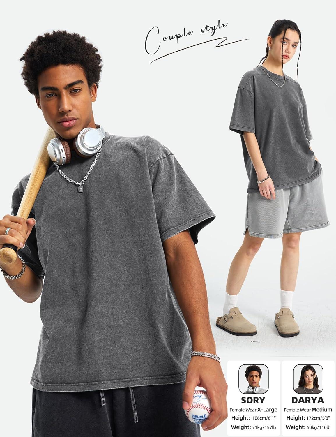 Arssm Mens Oversized T Shirts Cotton Acid Wash Baggy Tees Loose Fit Vintage Heavyweight T-Shirts(Black+black+grey+grey+khaki)