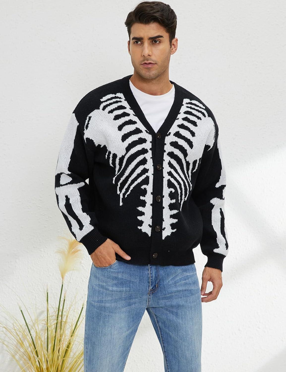 Arssm Men Skeleton Cardigan Sweater Oversized Fall Graphic Long Sleeve Knit Y2K Button Down V Neck Sweater Outwear(Black)