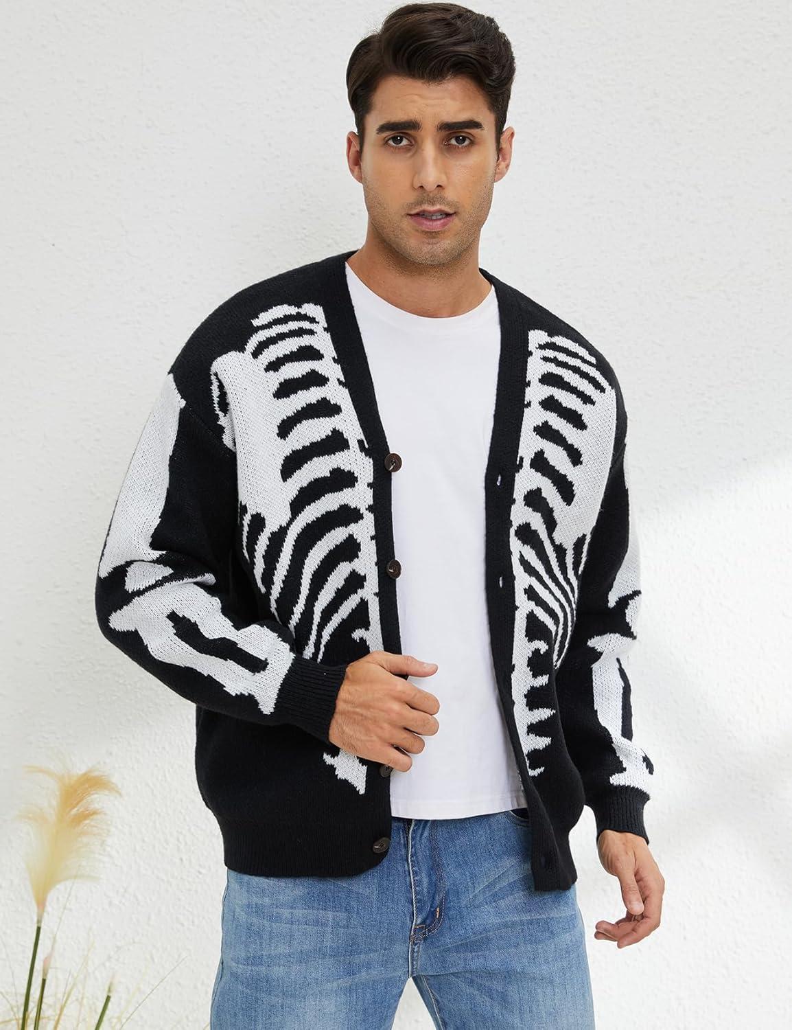 Arssm Men Skeleton Cardigan Sweater Oversized Fall Graphic Long Sleeve Knit Y2K Button Down V Neck Sweater Outwear(Black)