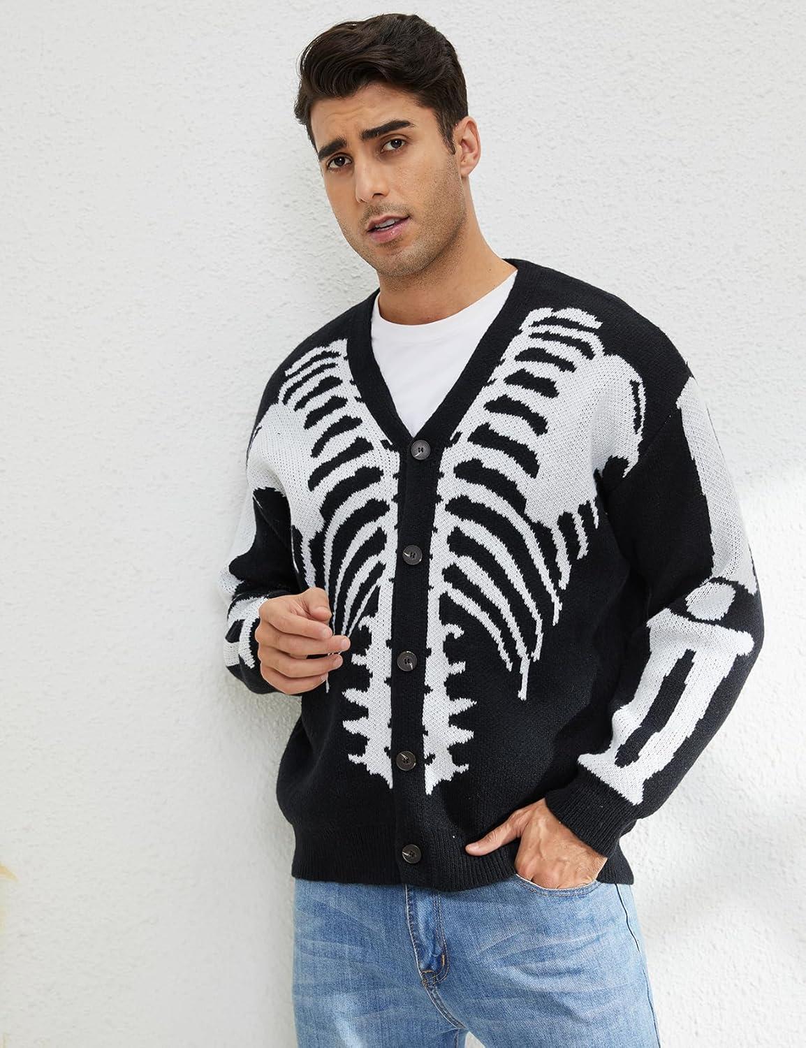 Arssm Men Skeleton Cardigan Sweater Oversized Fall Graphic Long Sleeve Knit Y2K Button Down V Neck Sweater Outwear(Black)