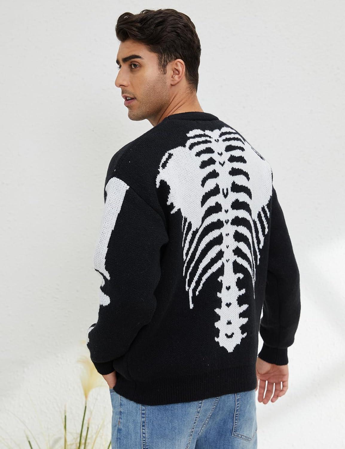 Arssm Men Skeleton Cardigan Sweater Oversized Fall Graphic Long Sleeve Knit Y2K Button Down V Neck Sweater Outwear(Black)