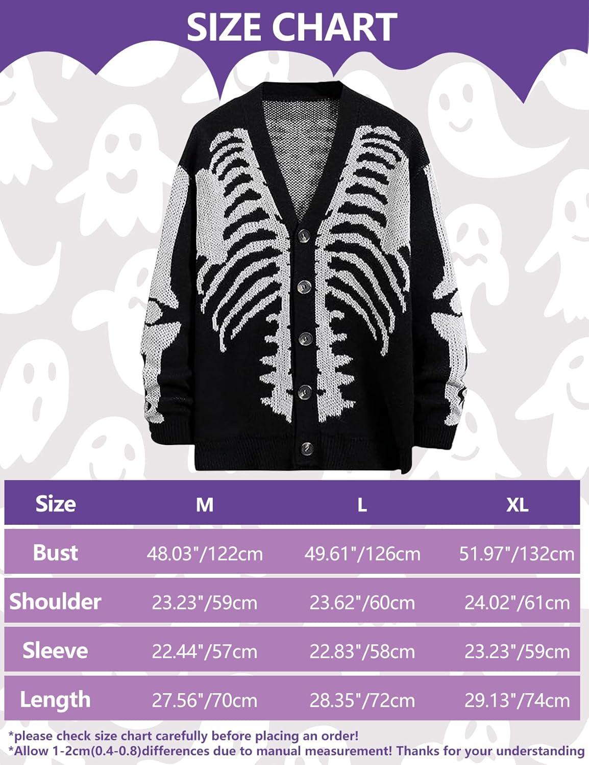 Arssm Men Skeleton Cardigan Sweater Oversized Fall Graphic Long Sleeve Knit Y2K Button Down V Neck Sweater Outwear(Black)