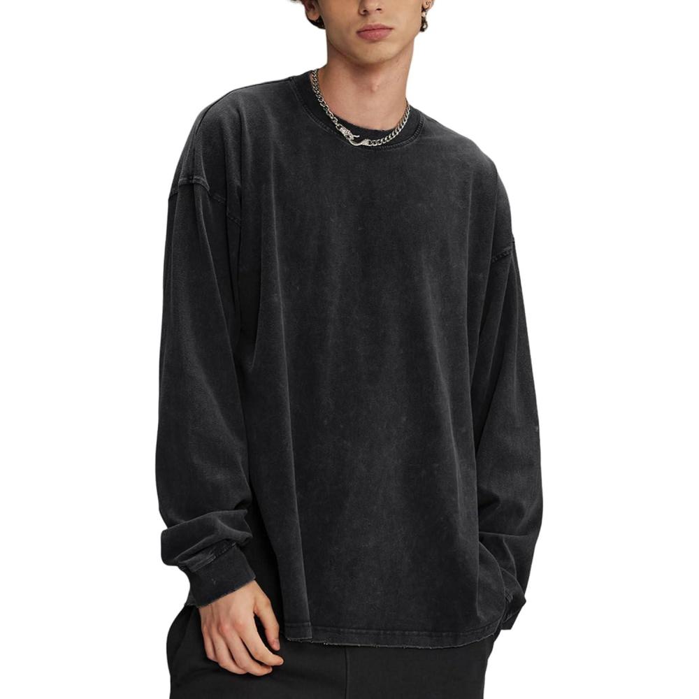 Arssm Mens Oversized T-Shirts Cotton Long Sleeve Tshirts Vintage Acid Wash Baggy Tees(Black)