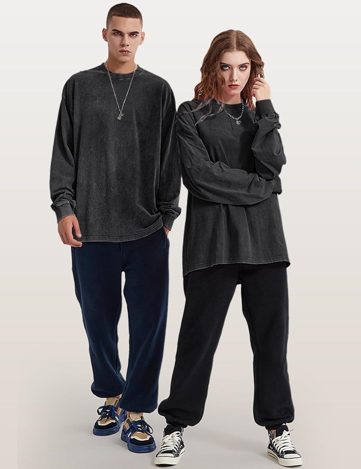 Arssm Mens Oversized T-Shirts Cotton Long Sleeve Tshirts Vintage Acid Wash Baggy Tees(Black)