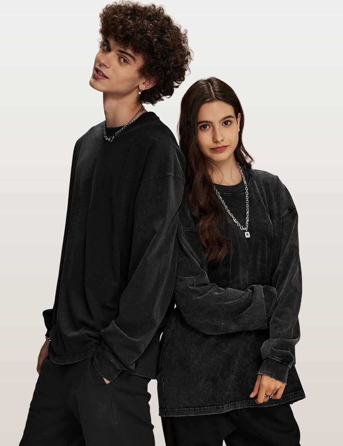 Arssm Mens Oversized T-Shirts Cotton Long Sleeve Tshirts Vintage Acid Wash Baggy Tees(Black)