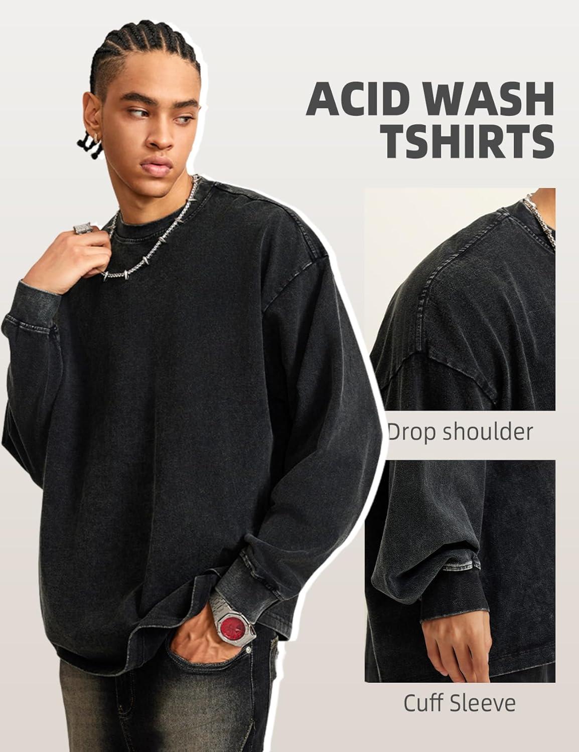 Arssm Mens Oversized T-Shirts Cotton Long Sleeve Tshirts Vintage Acid Wash Baggy Tees(Black)