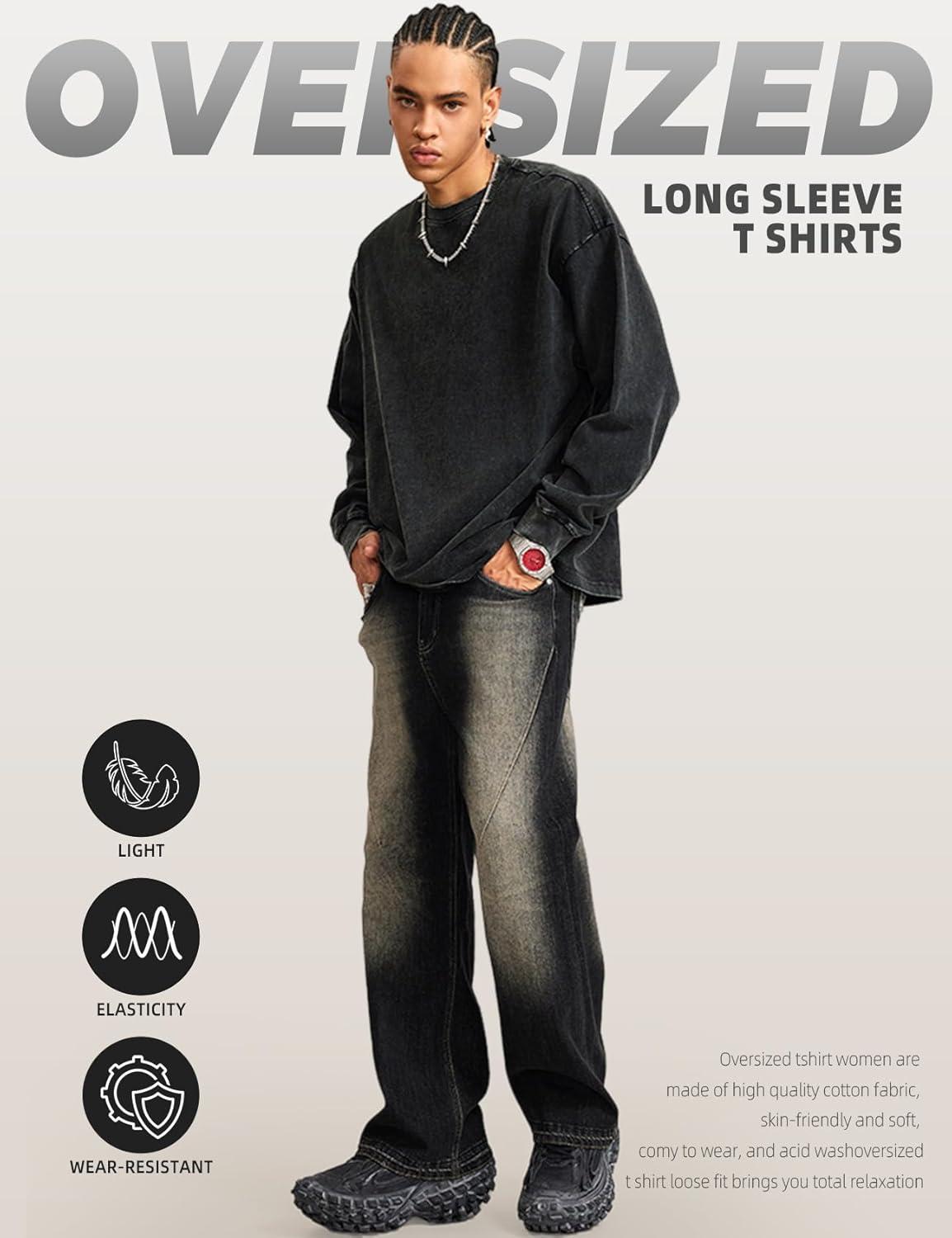 Arssm Mens Oversized T-Shirts Cotton Long Sleeve Tshirts Vintage Acid Wash Baggy Tees(Black)