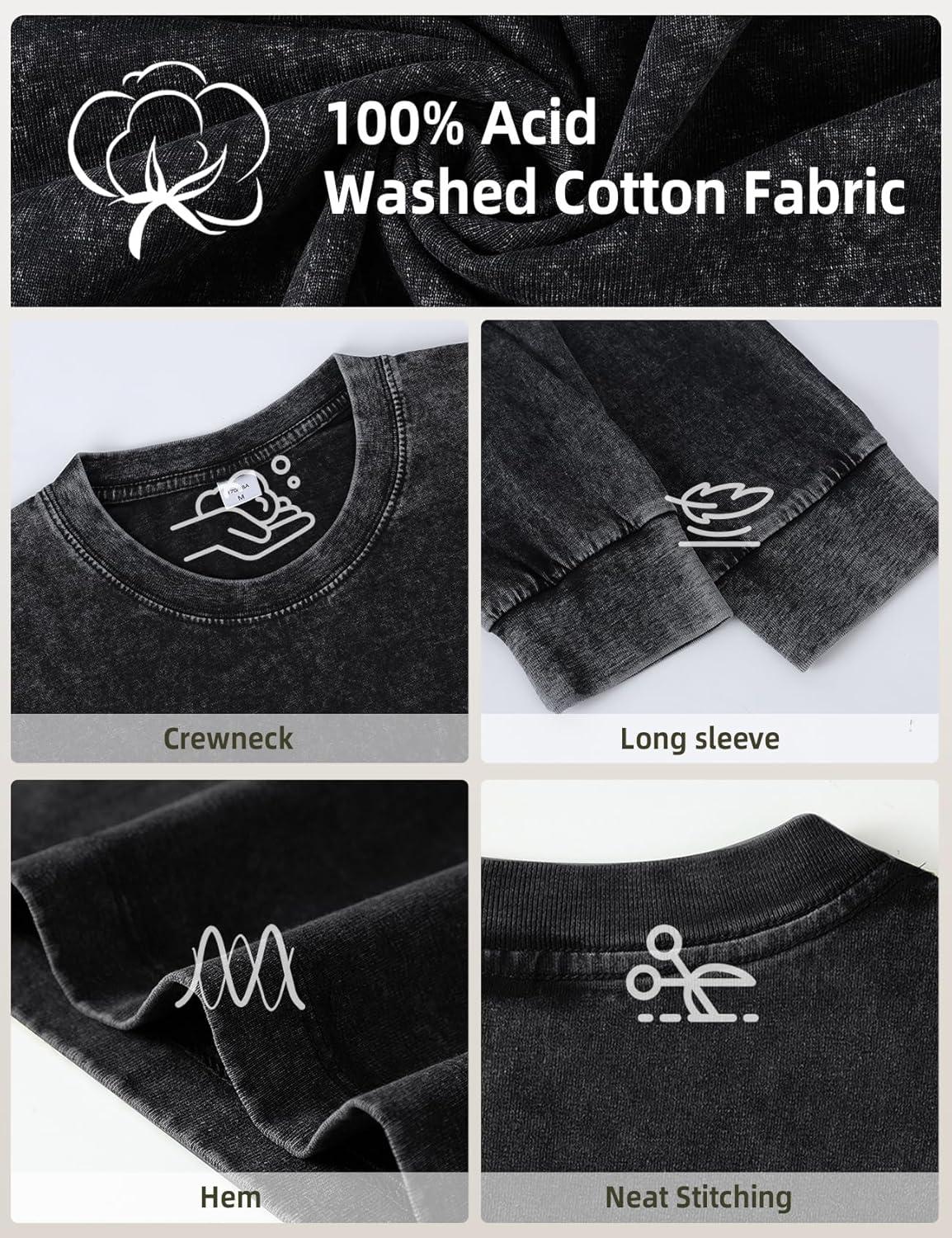 Arssm Mens Oversized T-Shirts Cotton Long Sleeve Tshirts Vintage Acid Wash Baggy Tees(Black)
