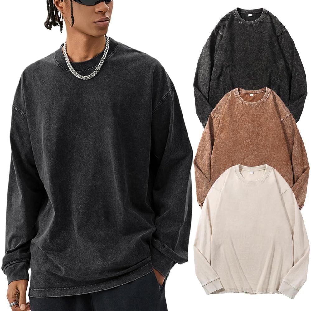 Arssm Mens Oversized T-Shirts Cotton Long Sleeve Tshirts Vintage Acid Wash Baggy Tees(Black+khaki+beige)