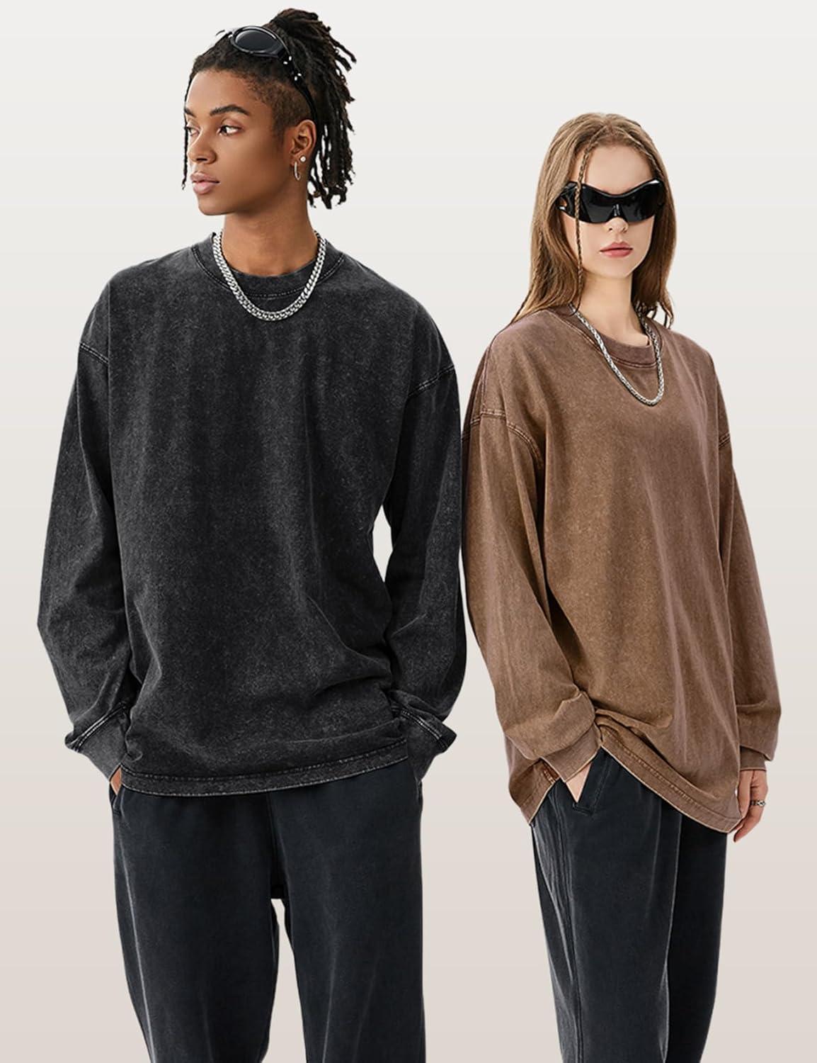Arssm Mens Oversized T-Shirts Cotton Long Sleeve Tshirts Vintage Acid Wash Baggy Tees(Black+khaki+beige)