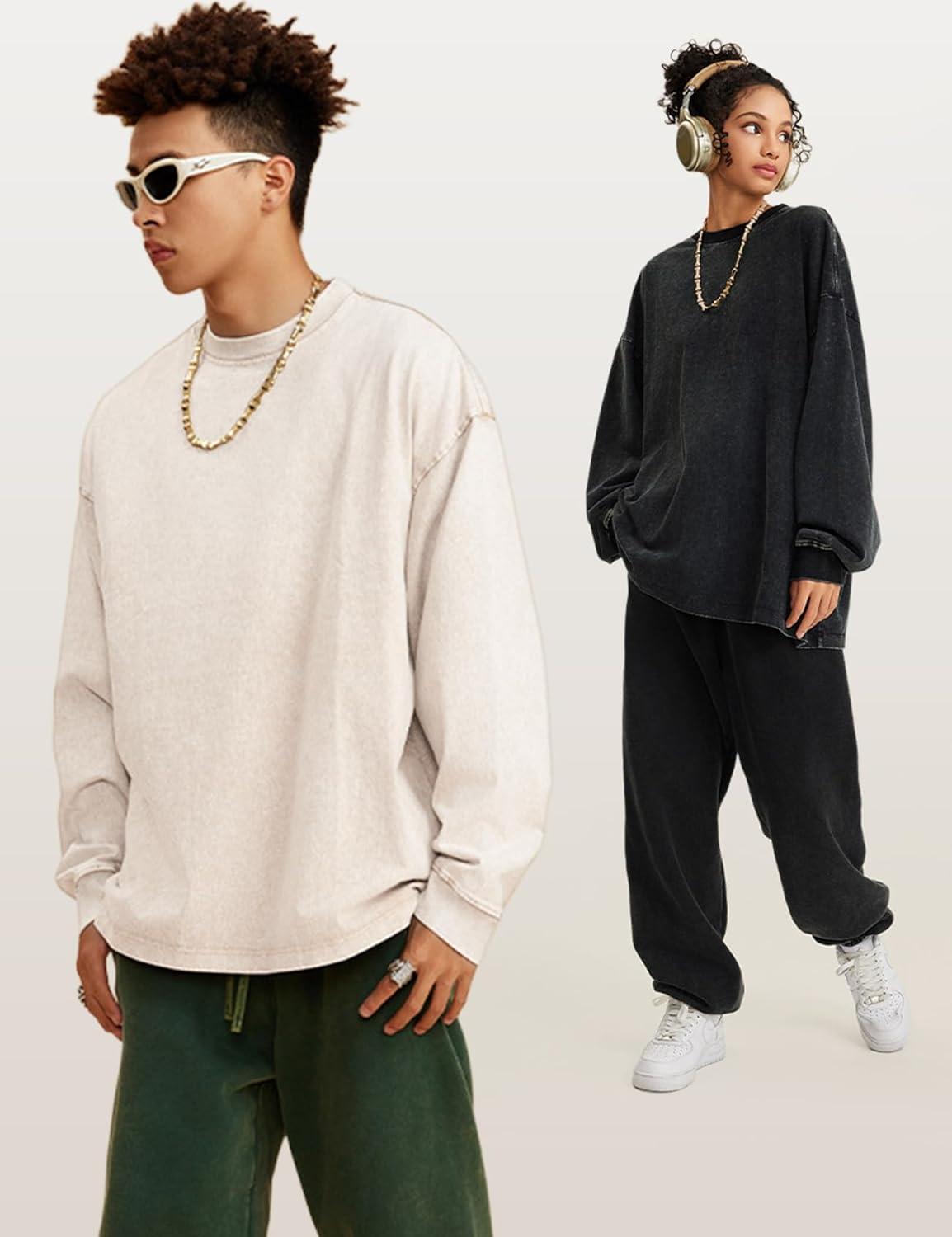 Arssm Mens Oversized T-Shirts Cotton Long Sleeve Tshirts Vintage Acid Wash Baggy Tees(Black+khaki+beige)