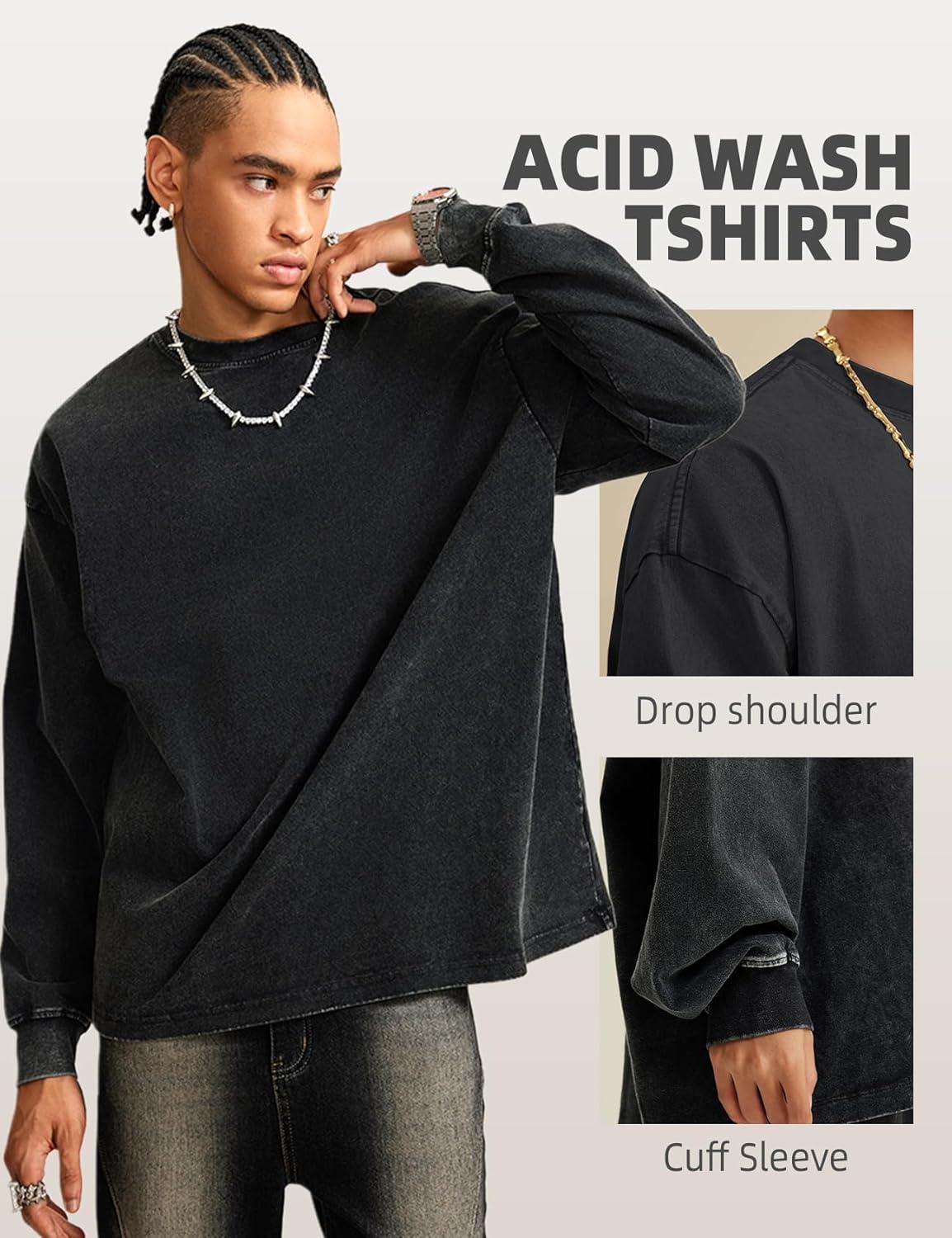 Arssm Mens Oversized T-Shirts Cotton Long Sleeve Tshirts Vintage Acid Wash Baggy Tees(Black+khaki+beige)