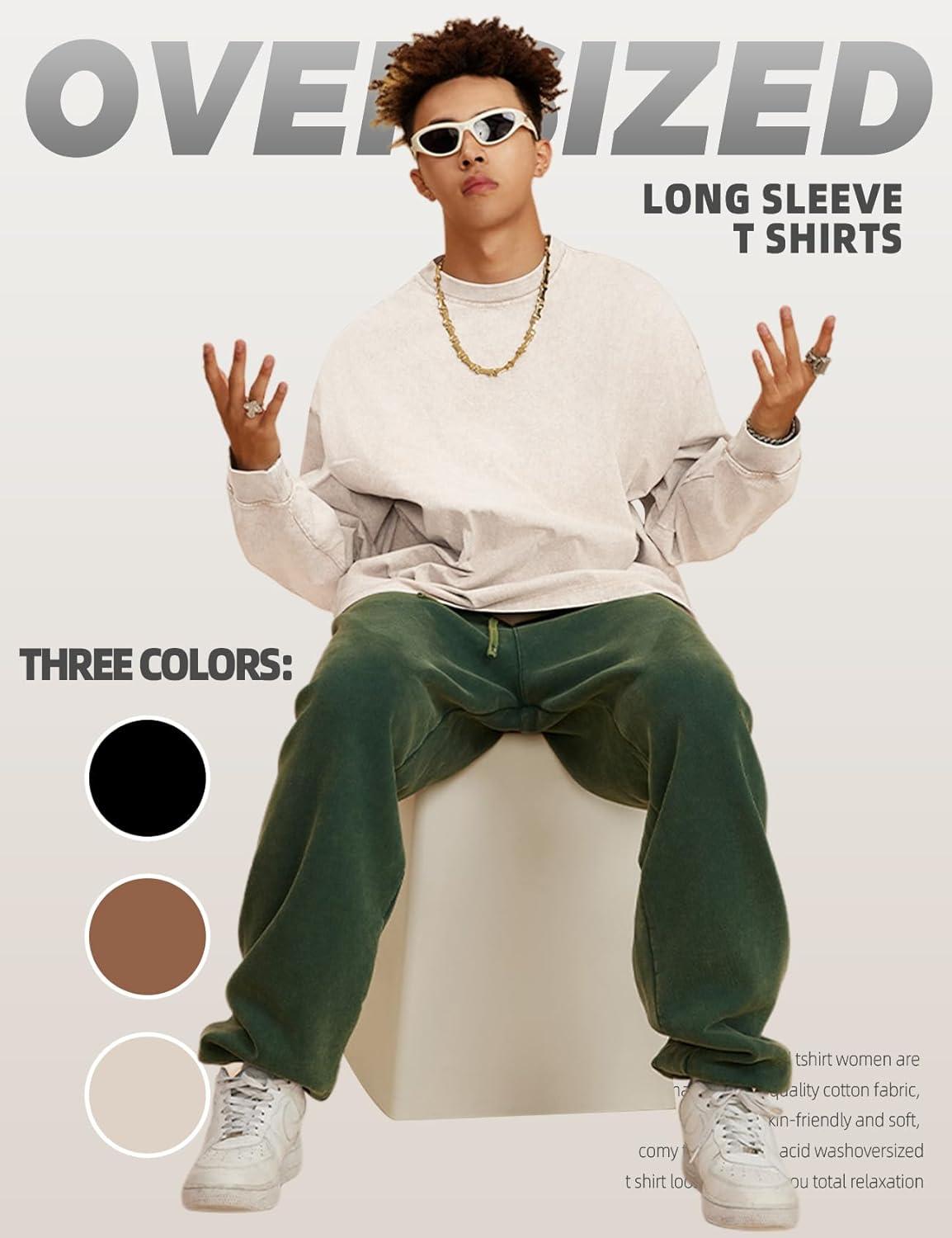 Arssm Mens Oversized T-Shirts Cotton Long Sleeve Tshirts Vintage Acid Wash Baggy Tees(Black+khaki+beige)