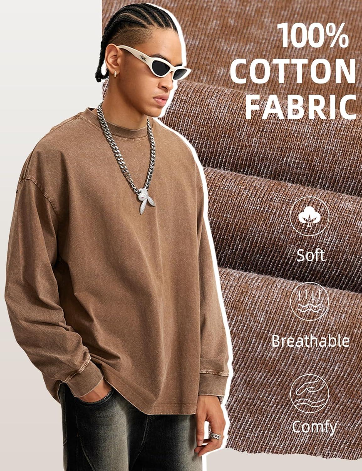 Arssm Mens Oversized T-Shirts Cotton Long Sleeve Tshirts Vintage Acid Wash Baggy Tees(Black+khaki+beige)