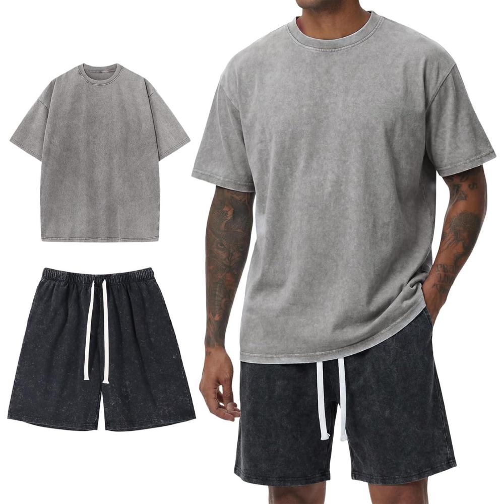 Arssm Mens Short Sets Outfits 2 Piece Summer Outfits Oversized T-Shirt Shorts Set Acid Wash Short Sleeve Tracksuit(Greyblack)