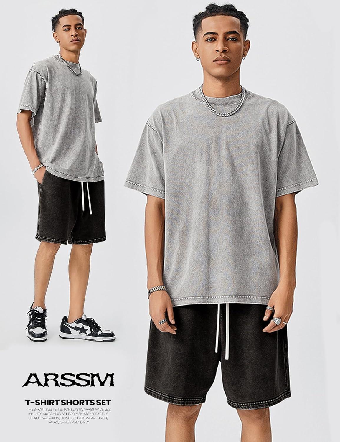 Arssm Mens Short Sets Outfits 2 Piece Summer Outfits Oversized T-Shirt Shorts Set Acid Wash Short Sleeve Tracksuit(Greyblack)