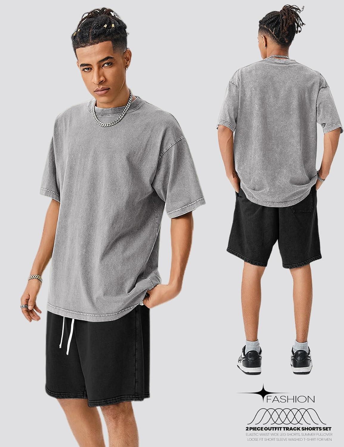 Arssm Mens Short Sets Outfits 2 Piece Summer Outfits Oversized T-Shirt Shorts Set Acid Wash Short Sleeve Tracksuit(Greyblack)