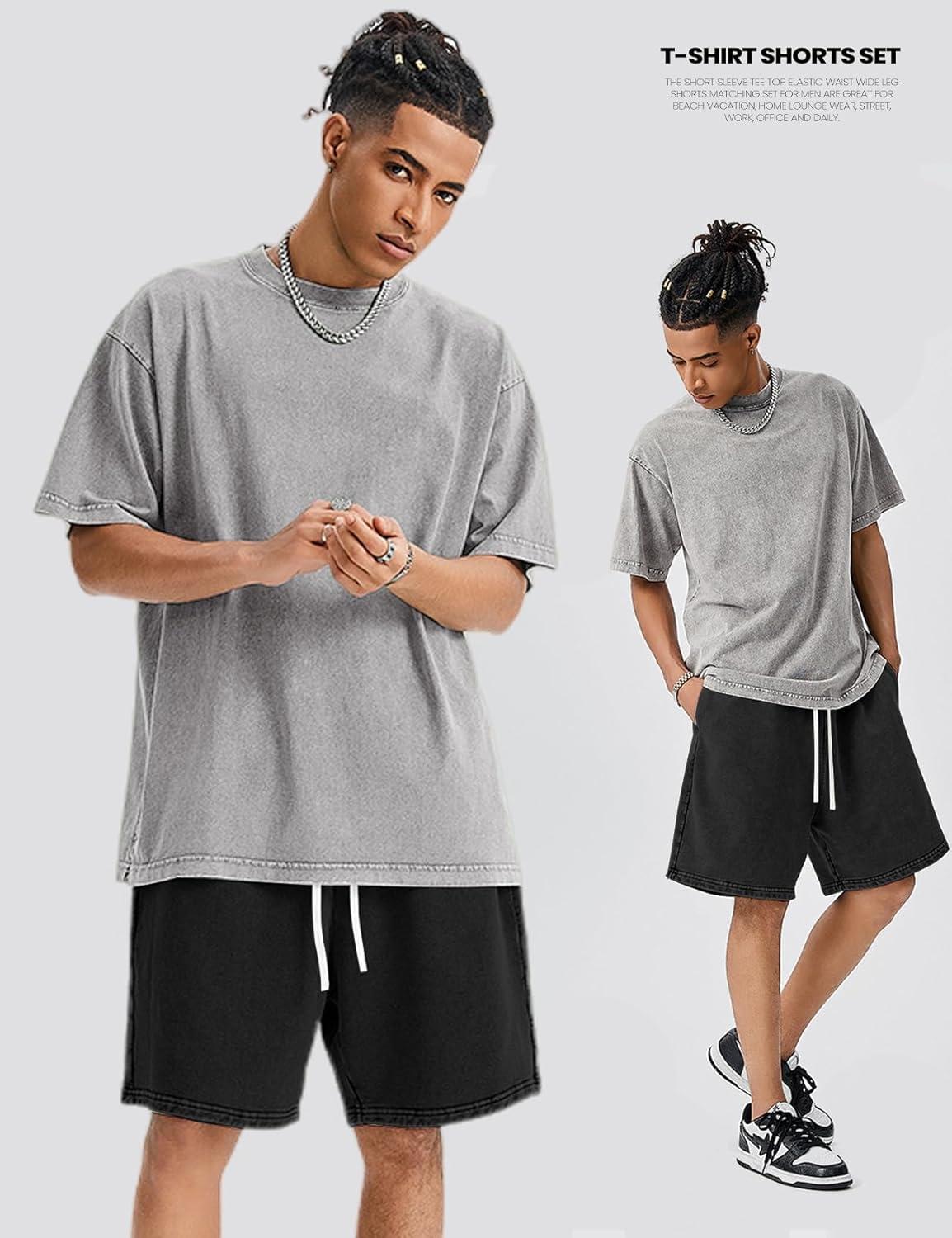 Arssm Mens Short Sets Outfits 2 Piece Summer Outfits Oversized T-Shirt Shorts Set Acid Wash Short Sleeve Tracksuit(Greyblack)