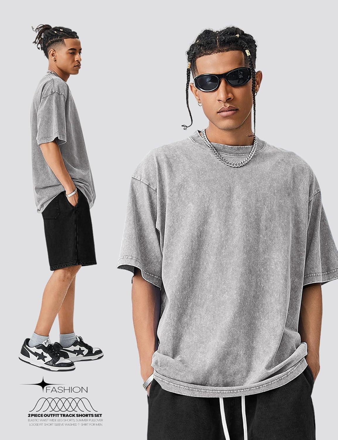 Arssm Mens Short Sets Outfits 2 Piece Summer Outfits Oversized T-Shirt Shorts Set Acid Wash Short Sleeve Tracksuit(Greyblack)