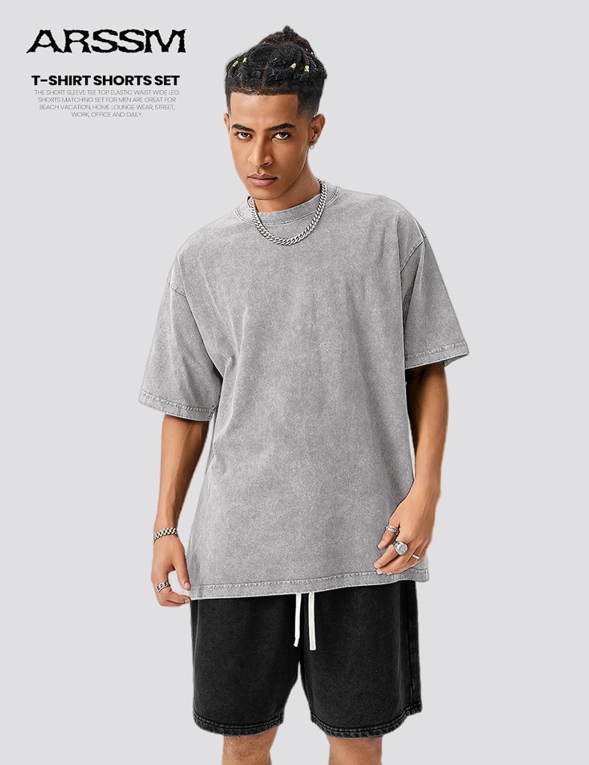 Arssm Mens Short Sets Outfits 2 Piece Summer Outfits Oversized T-Shirt Shorts Set Acid Wash Short Sleeve Tracksuit(Greyblack)