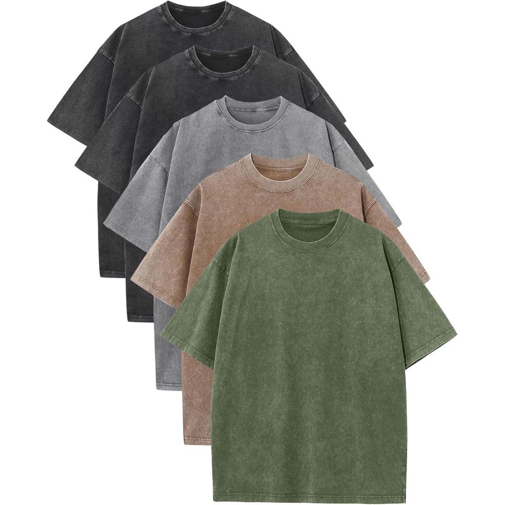 Arssm Mens Oversized T Shirts Cotton Acid Wash Baggy Tees Loose Fit Vintage Heavyweight T-Shirts(Black+black+grey+khaki+army)