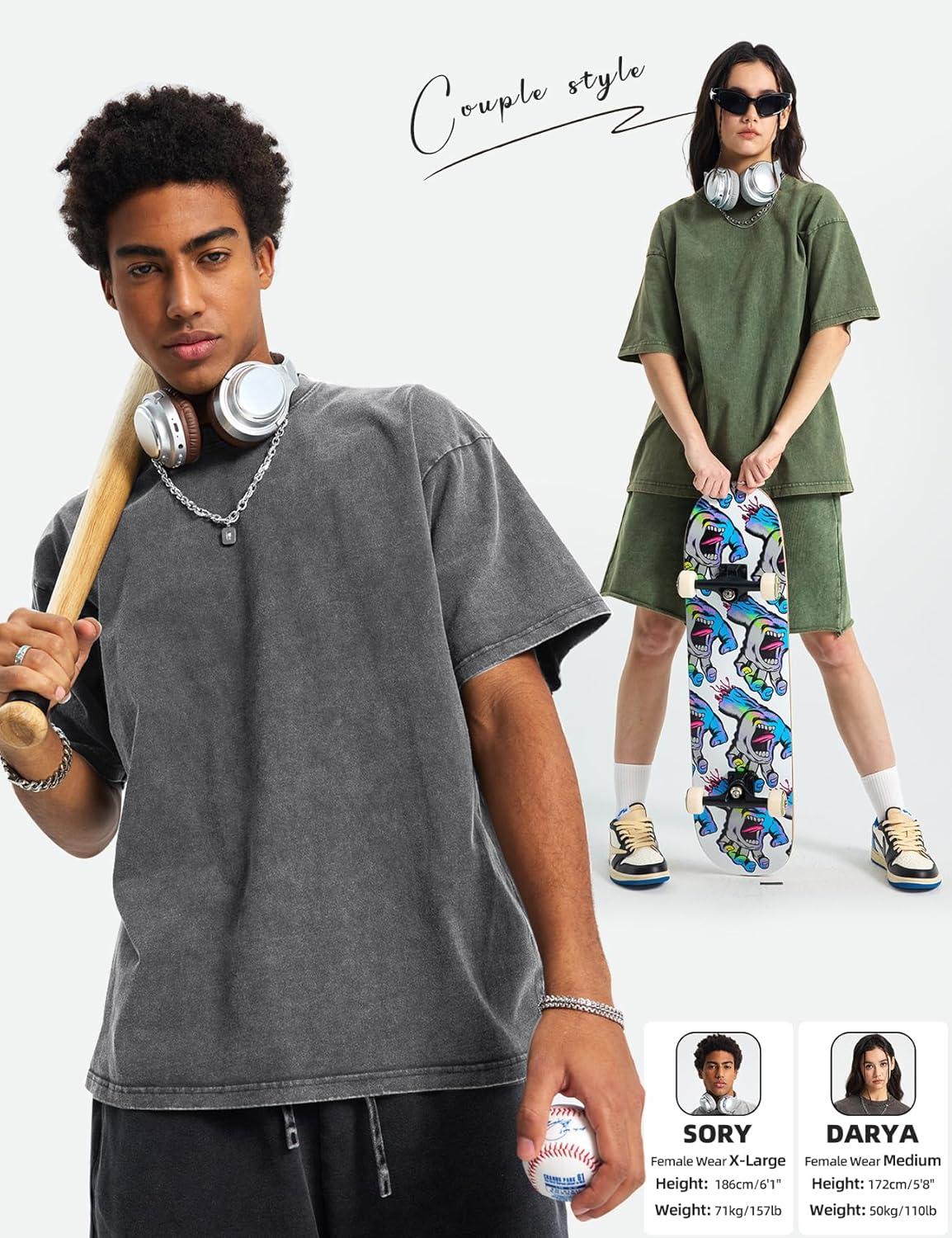 Arssm Mens Oversized T Shirts Cotton Acid Wash Baggy Tees Loose Fit Vintage Heavyweight T-Shirts(Black+black+grey+khaki+army)