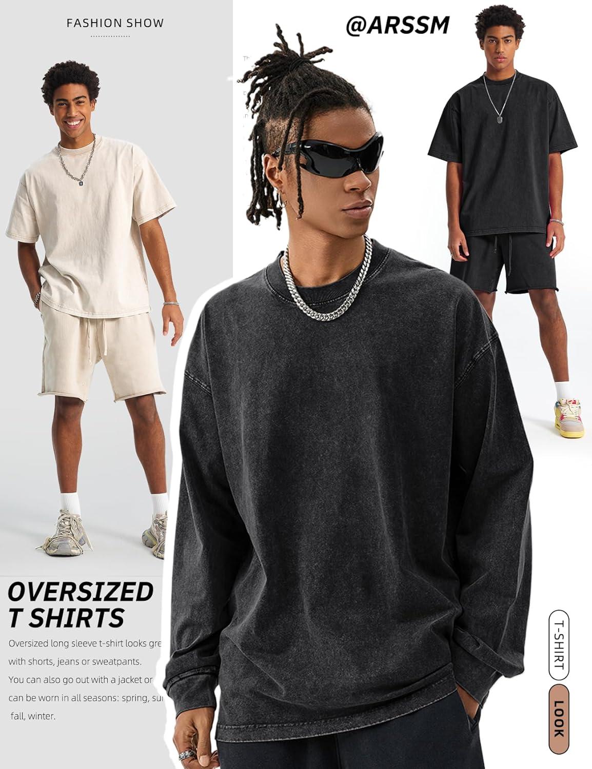 Arssm Mens Oversized T Shirts Cotton Acid Wash T-Shirts Baggy Vintage Tees Loose Fit Heavyweight Streetwear Tops(Black+beige-black)