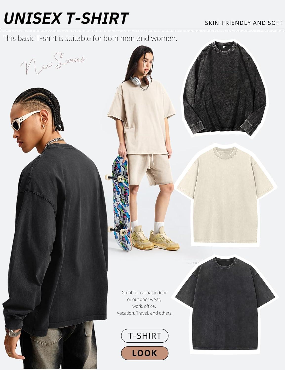 Arssm Mens Oversized T Shirts Cotton Acid Wash T-Shirts Baggy Vintage Tees Loose Fit Heavyweight Streetwear Tops(Black+beige-black)