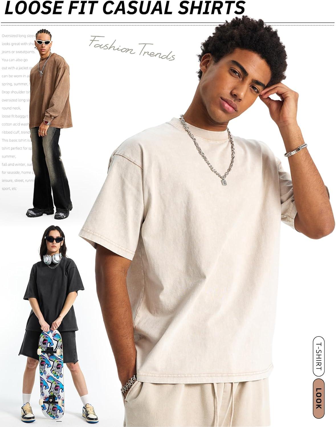 Arssm Mens Oversized T Shirts Cotton Acid Wash T-Shirts Baggy Vintage Tees Loose Fit Heavyweight Streetwear Tops(Black+beige-black)