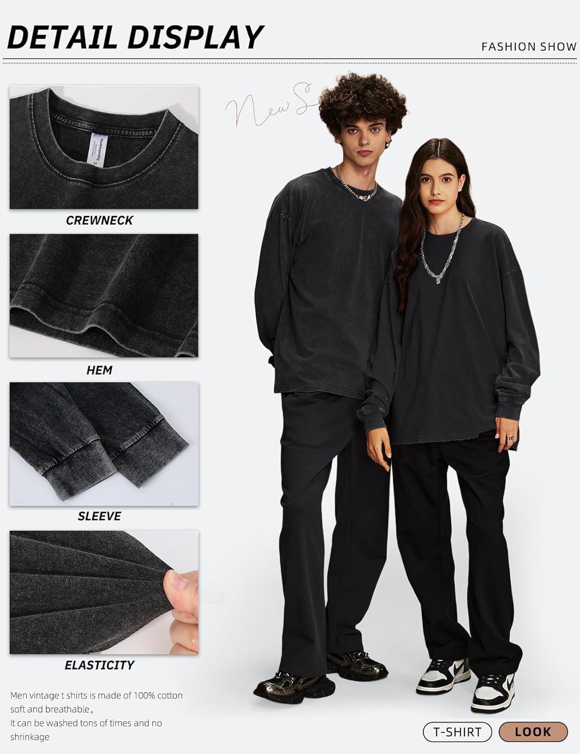 Arssm Mens Oversized T Shirts Cotton Acid Wash T-Shirts Baggy Vintage Tees Loose Fit Heavyweight Streetwear Tops(Black+beige-black)