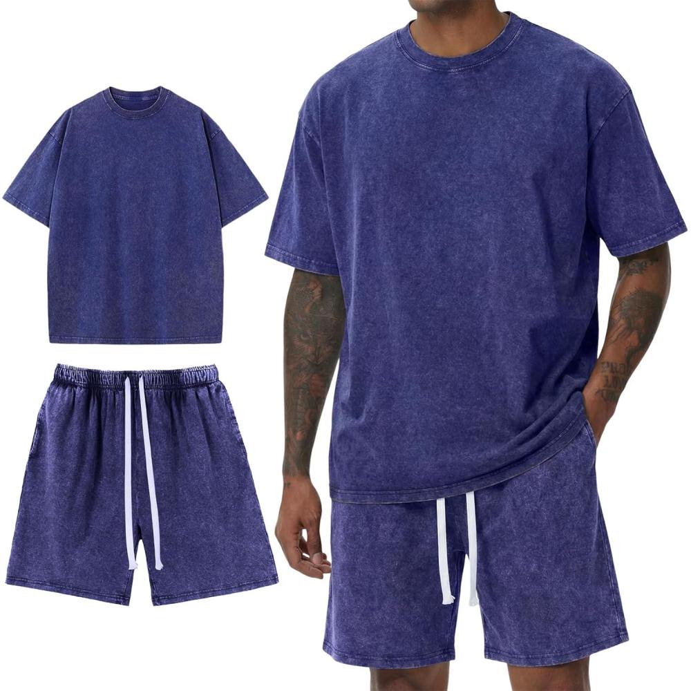 Arssm Mens Short Sets Outfits 2 Piece Summer Outfits Oversized T-Shirt Shorts Set Acid Wash Short Sleeve Tracksuit(Blue)