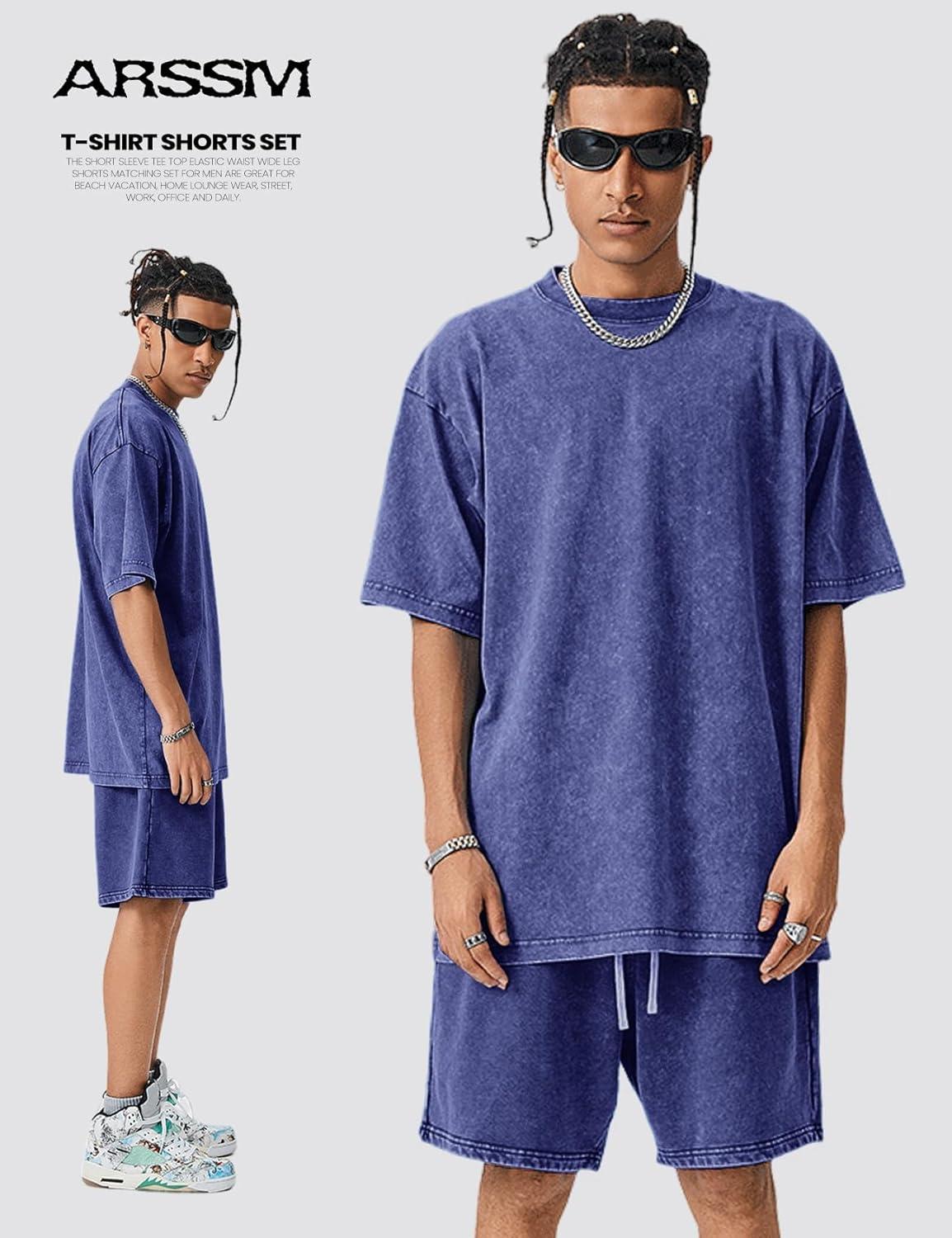 Arssm Mens Short Sets Outfits 2 Piece Summer Outfits Oversized T-Shirt Shorts Set Acid Wash Short Sleeve Tracksuit(Blue)