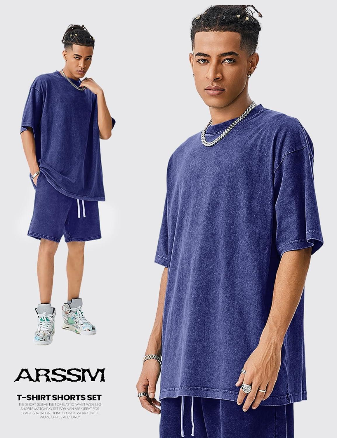 Arssm Mens Short Sets Outfits 2 Piece Summer Outfits Oversized T-Shirt Shorts Set Acid Wash Short Sleeve Tracksuit(Blue)