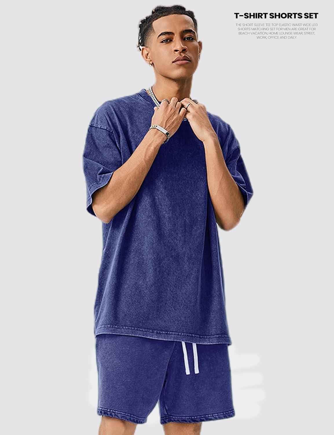 Arssm Mens Short Sets Outfits 2 Piece Summer Outfits Oversized T-Shirt Shorts Set Acid Wash Short Sleeve Tracksuit(Blue)