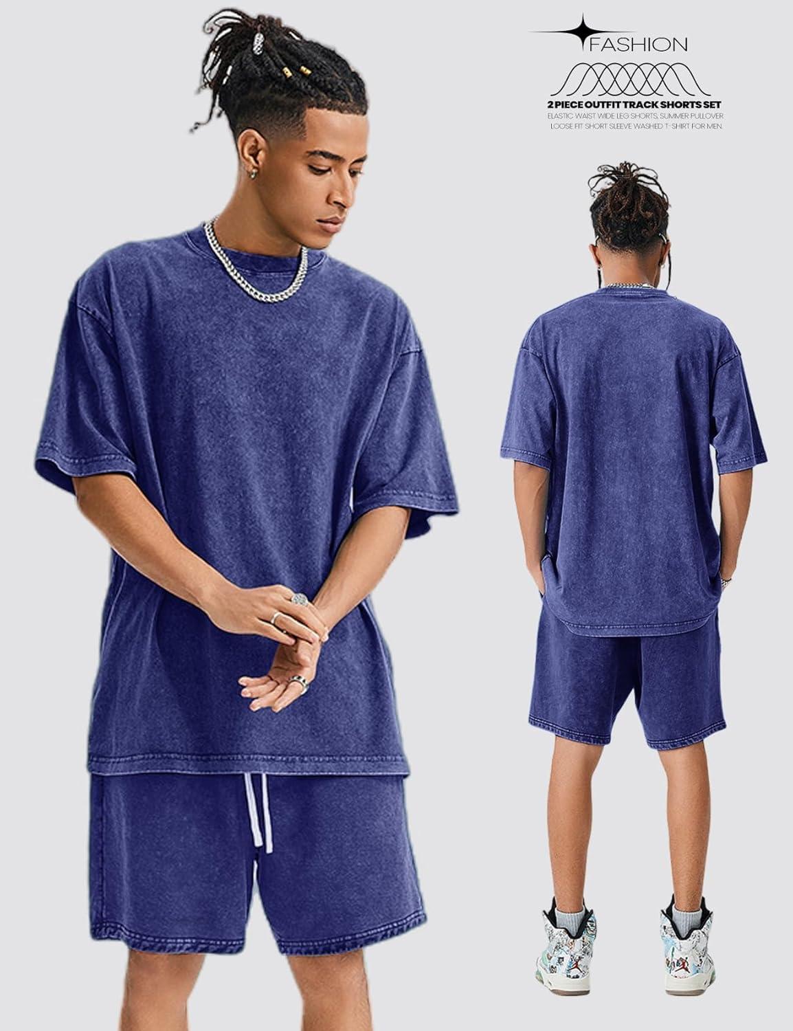 Arssm Mens Short Sets Outfits 2 Piece Summer Outfits Oversized T-Shirt Shorts Set Acid Wash Short Sleeve Tracksuit(Blue)
