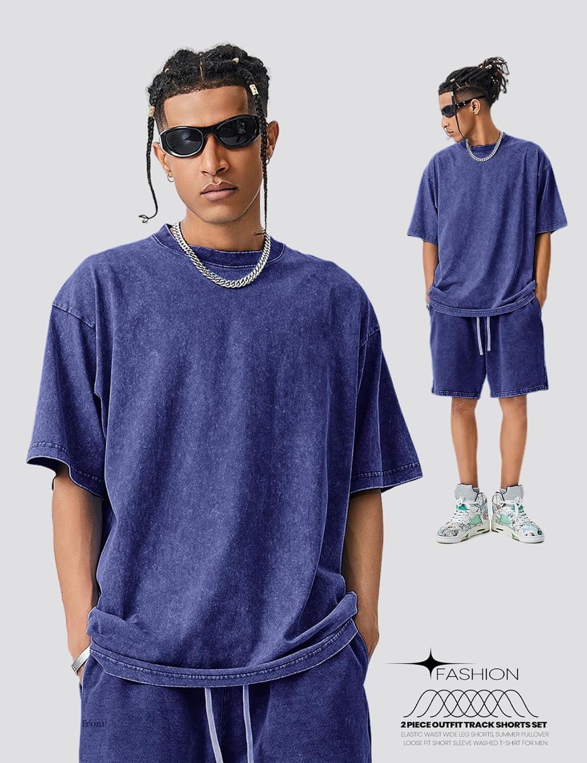 Arssm Mens Short Sets Outfits 2 Piece Summer Outfits Oversized T-Shirt Shorts Set Acid Wash Short Sleeve Tracksuit(Blue)