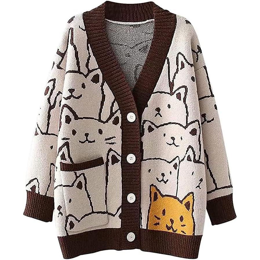 Arssm Cat Sweater for Women Oversized Button Down V Neck Knit Cardigan Cute Kawaii Cartoon Print Sweater Fall Clothes