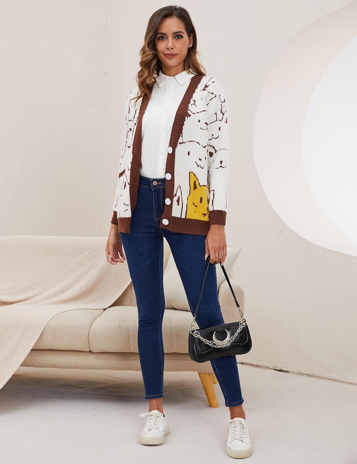Arssm Cat Sweater for Women Oversized Button Down V Neck Knit Cardigan Cute Kawaii Cartoon Print Sweater Fall Clothes