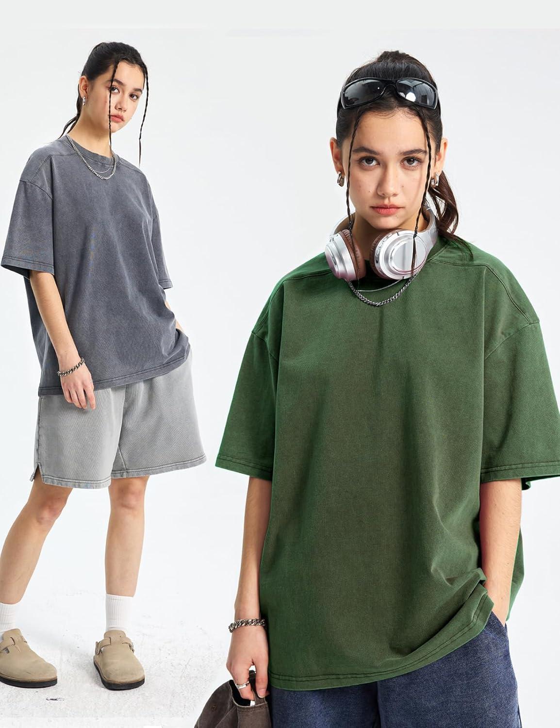 Arssm Women Oversized T Shirts Acid Washed Cotton Tees Vintage Baggy Loose Fit Streetwear Workout Tops(Black+grey+army)