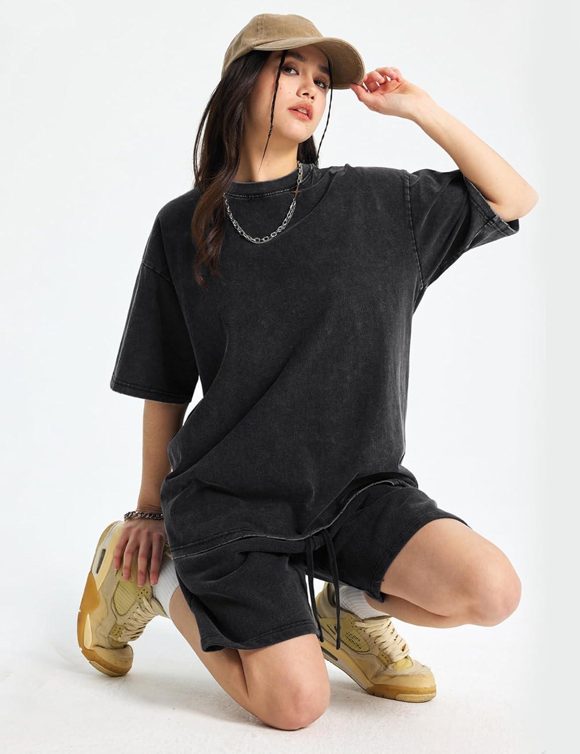 Arssm Women Oversized T Shirts Acid Washed Cotton Tees Vintage Baggy Loose Fit Streetwear Workout Tops(Black+grey+army)